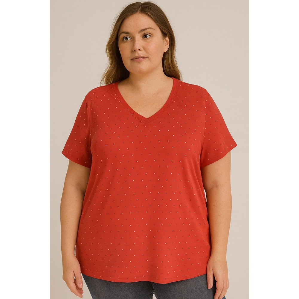 CATHERINES 3XWP Red V-Neck Short Sleeve Top White Dot Print Stretch Knit